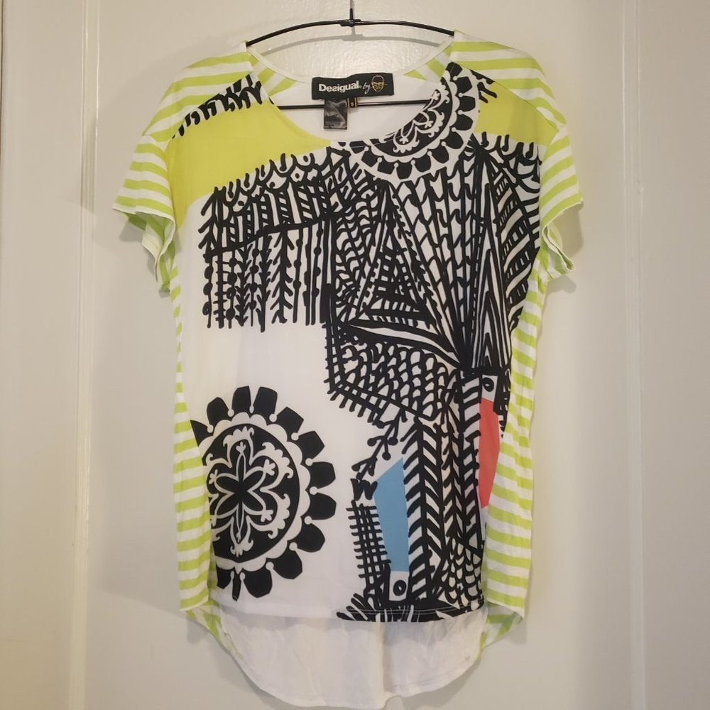 Desigual Lime Green, White & Black Graphic Short Sleeve Blouse